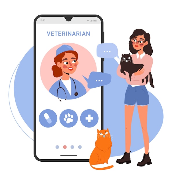 Online veterinary consultation concept Female owner with a cat at the veterinarian's appointment in a mobile application Cartoon vector illustration