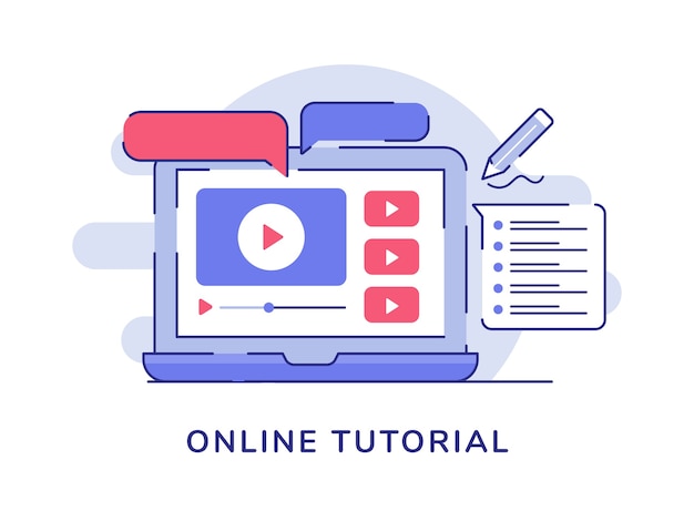 Online video tutorial concept with laptop and player notes
