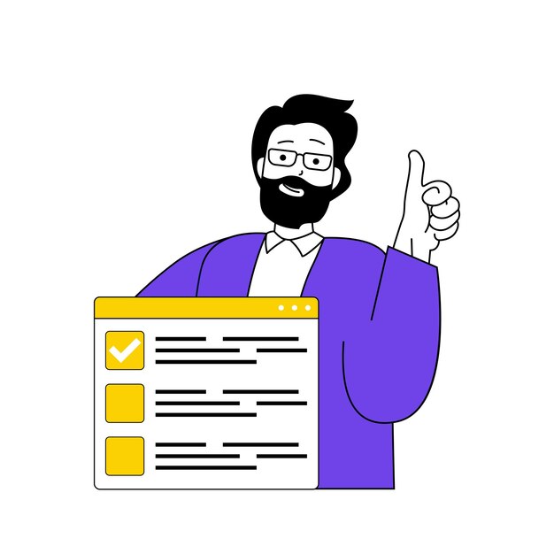 Online voting concept with cartoon people in flat design for web Man takes part in election choosing his candidates in vote form Vector illustration for social media banner marketing material