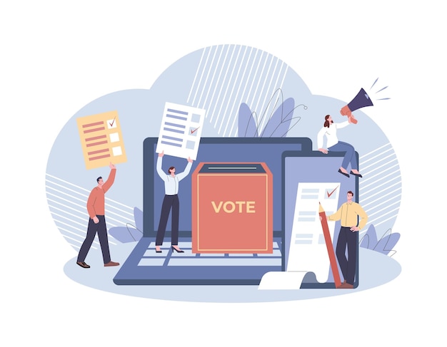 Vector online voting survey in media or internet people vote government digital ballots electronic political election statement or feedback kicky vector scene