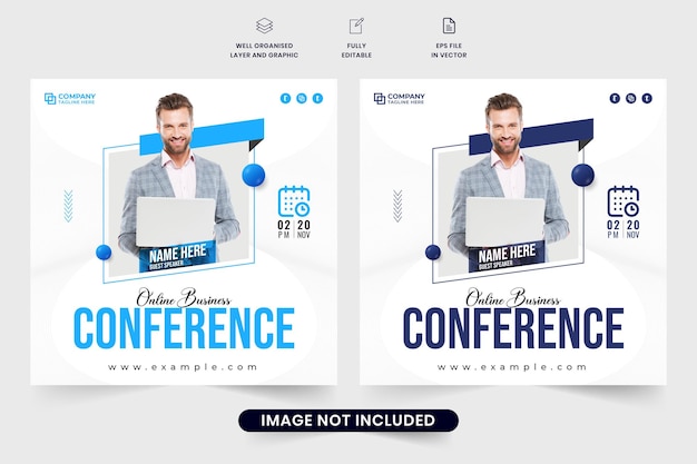 Online web seminar social media post vector with dark and light blue colors Office conference and meeting invitation template Business webinar promotional template design with photo placeholders