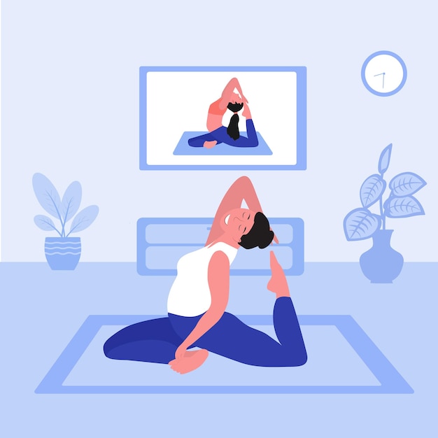 Online yoga with a trainer Flat vector illustration