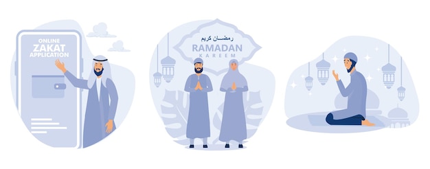 Online zakat application Ramadan kareem greeting card set flat vector modern illustration