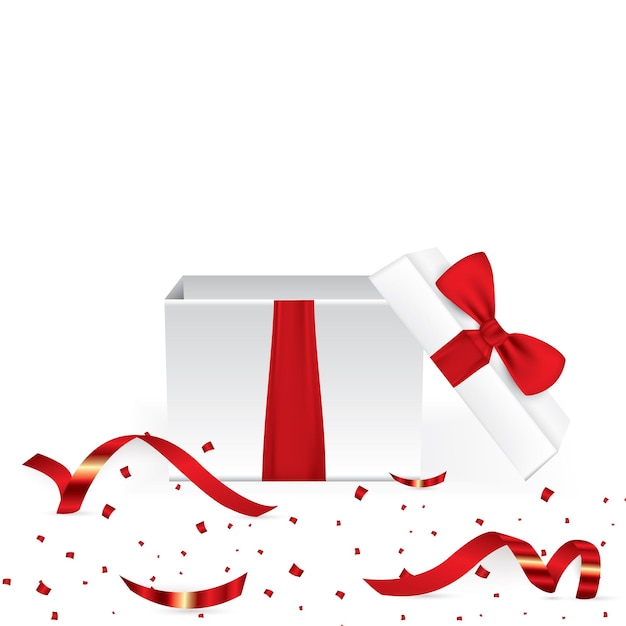 Open 3d realistic gift box with red ribbon and confetti. Vector illustration. EPS 10