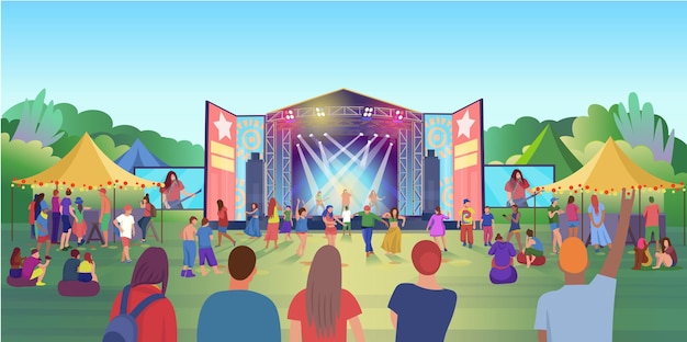 Vector open air music festival music stages illustration of a crowd of fans waving their arms dancing