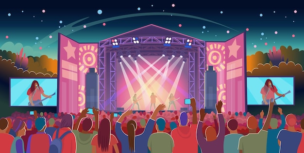 Vector open air music festival music stages vector illustration of a crowd of fans waving their