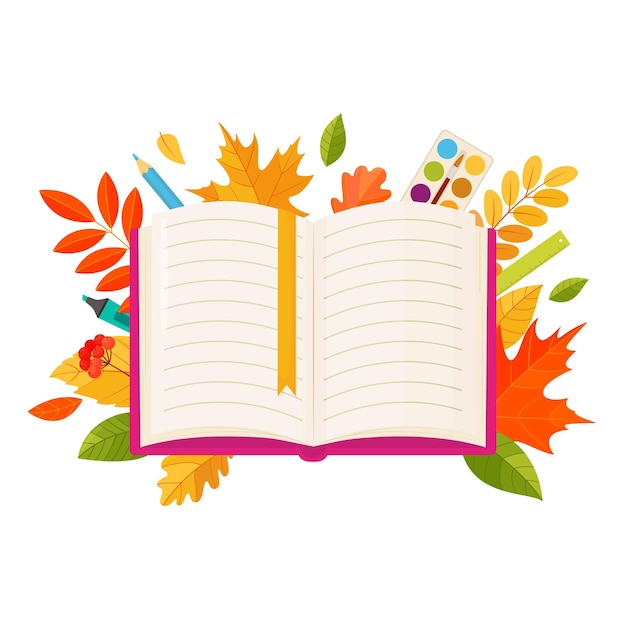 Open book and autumn leaves on a white background