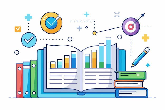 An open book displays bar graphs and quality metrics with a pencil representing data analysis line book survey with quality tests and reports