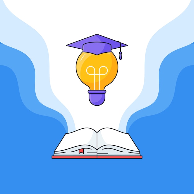 Open book and light bulb with graduated toga hat on top vector illustration for success education learning outline cartoon flat design