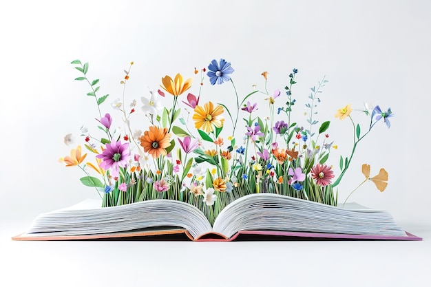 An open book with colorful flowers growing out of it in the style of 3D paper art white Background ar 32 v 61 Job ID fbb283ec2dec4d588782548f67542289