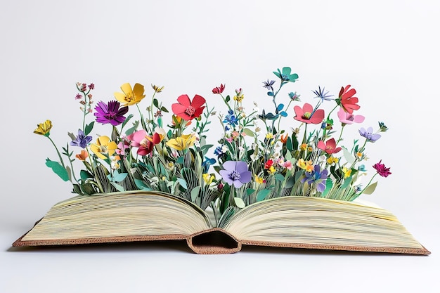 An open book with colorful flowers growing out of it in the style of 3D paper art white Background ar 32 v 61 Job ID fbb283ec2dec4d588782548f67542289