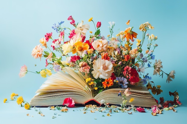 An open book with colorful flowers spilling out on a blue background in the style of photorealism white Background ar 32 v 61 Job ID bd64916c79f94565a2293258057e9070