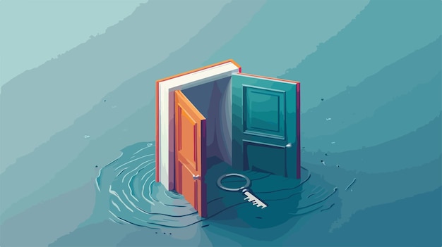 Vector open book with halfopen door and turnkey vector 3d isometric illustration