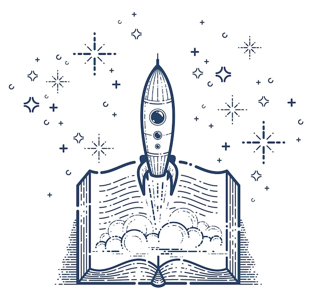 Vector open book with launching rocket vector linear icon, missile start up from text, space scientific literature library reading line art illustration.