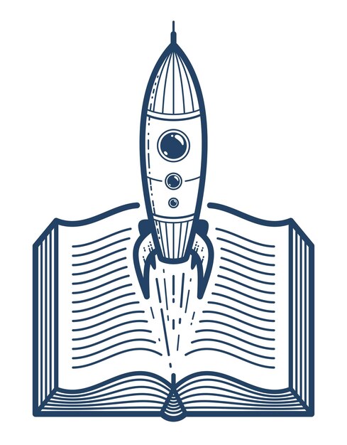 Vector open book with launching rocket vector linear icon, missile start up from text, space scientific literature library reading line art symbol or logo.