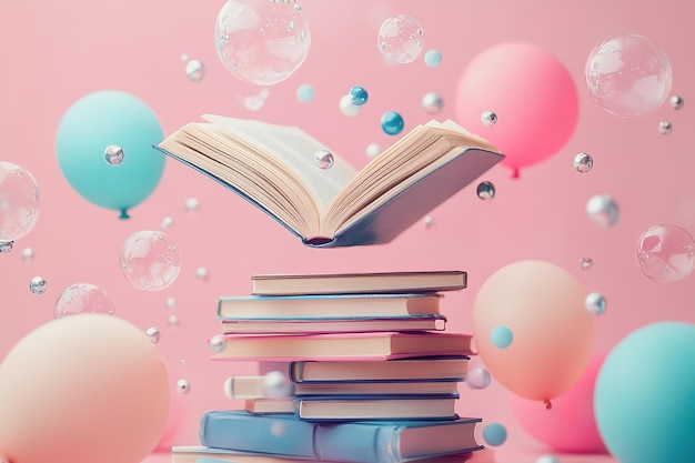 Open book with magic light and glowing letters flying out of it on wooden table against black backgr