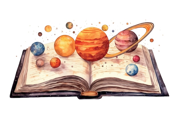 Vector open book with planets