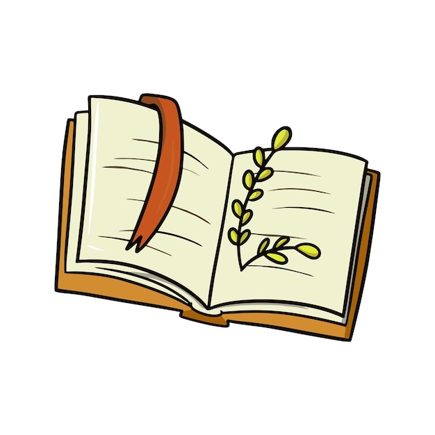 An open book with a red bookmark with an autumn twig vector cartoon