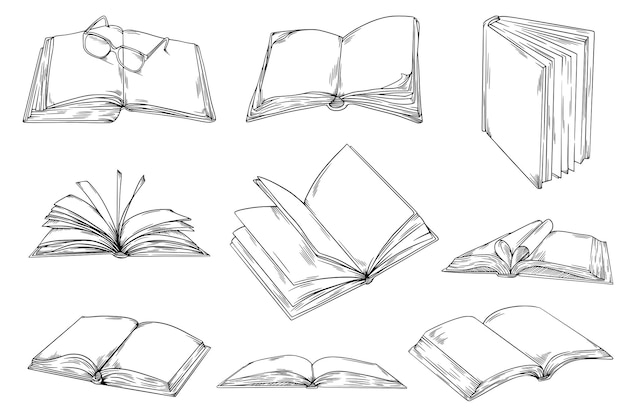 Vector open books hand drawn line sketch illustration bundle