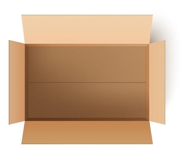 Open box top view. Empty cardboard package realistic mockup isolated on white background