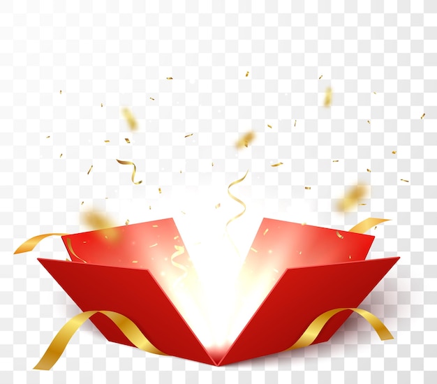 Open box with gold and red confetti  isolated  