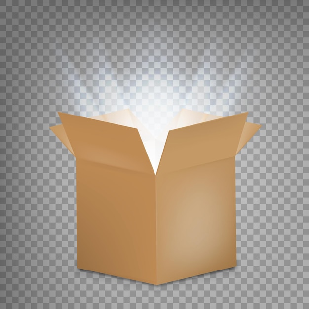 Open cardboard box with a glow inside Open box with the outgoing light Vector illustration