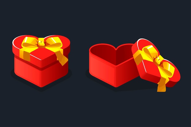 Open and closed red heart shaped gifts boxes for games.