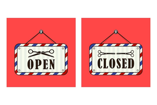 Vector open and closed signs barbershop banner plat design