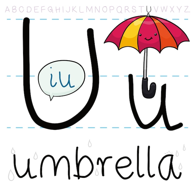 Open colorful and smiling umbrella learning about letter 'U' of the alphabet and its pronunciation