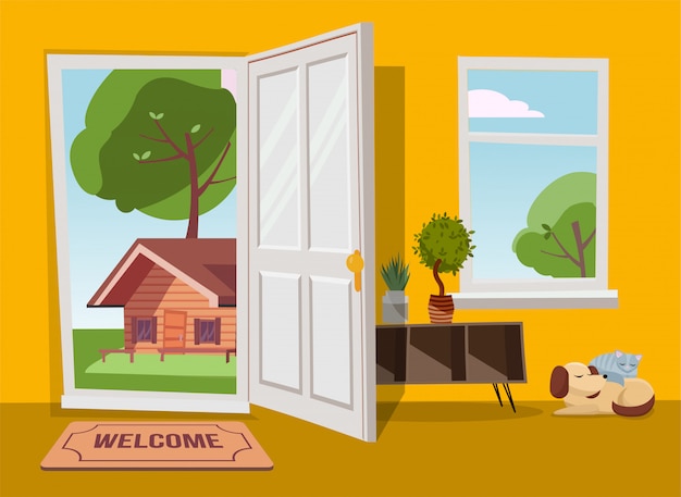 Open door into summer country landscape view with green trees. Flat cartoon  illustration. Trees with round crown under blue sky. Hallway interior with window overlooking suburb old house