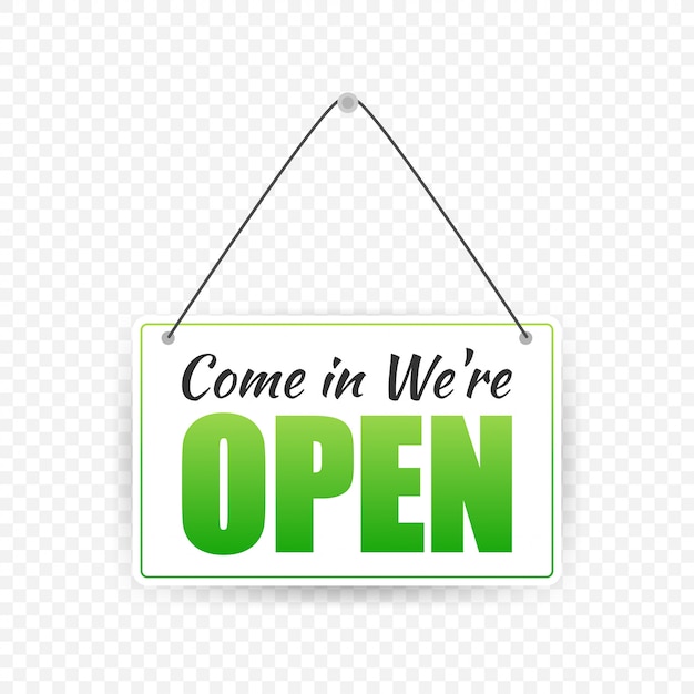 Open door sign. Door sign. Label with text in flat style.