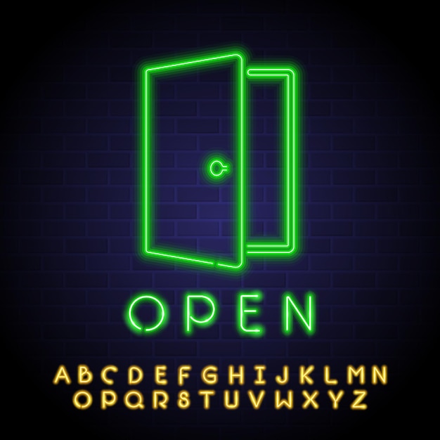 Open door sign with neon light glowing element