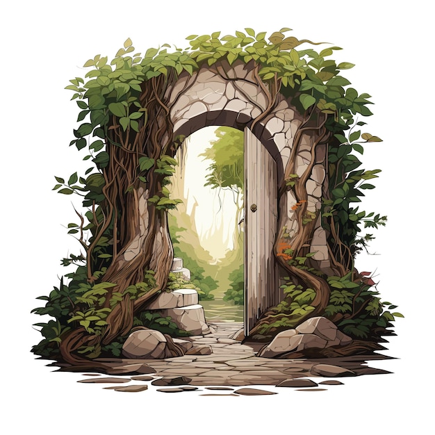 Open door with a tree growing out of it game background vector illustration book cover wall art