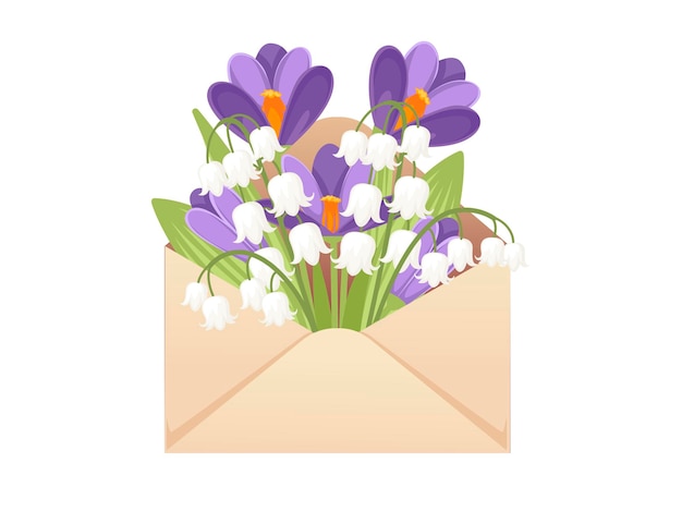 Open eco friendly paper envelope with spring flowers creative design flat vector illustration on white background.