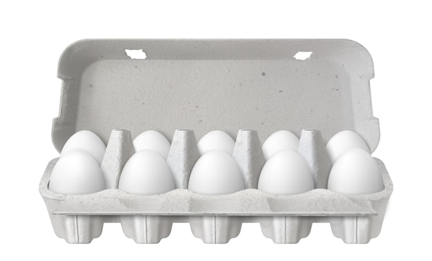 Vector open egg box with ten white eggs isolated on white background fresh organic chicken eggs in carton pack or egg container or tray realistic 3d vector illustration