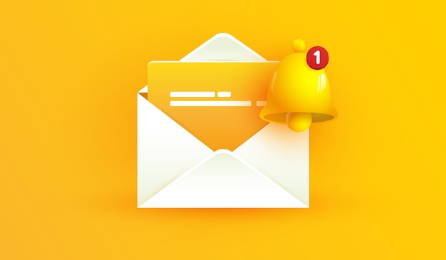 Open envelope icon with notification number alarm symbol isolated on yellow background yellow bell sign with new subscriber for social media reminder Email reminder 3d vector illustration style