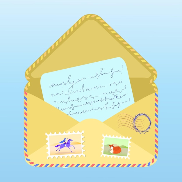 Open envelope with a letter inside written by hand. Stamps. Vector illustration.