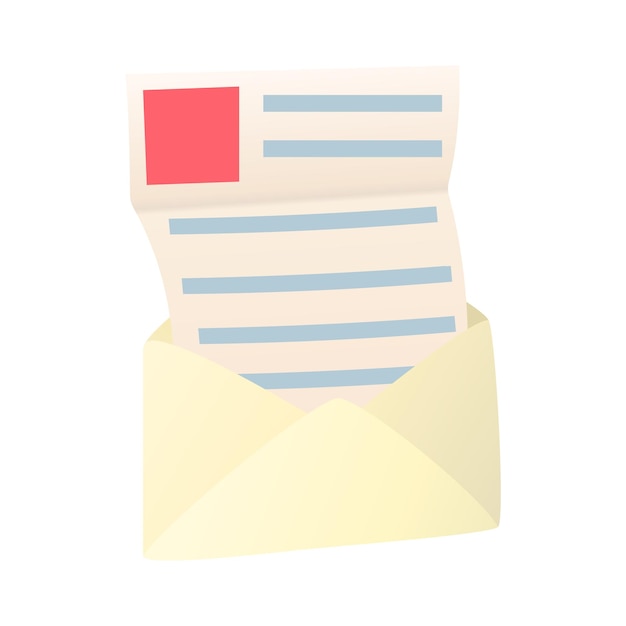 Open envelope with sheet of paper icon in cartoon style on a white background