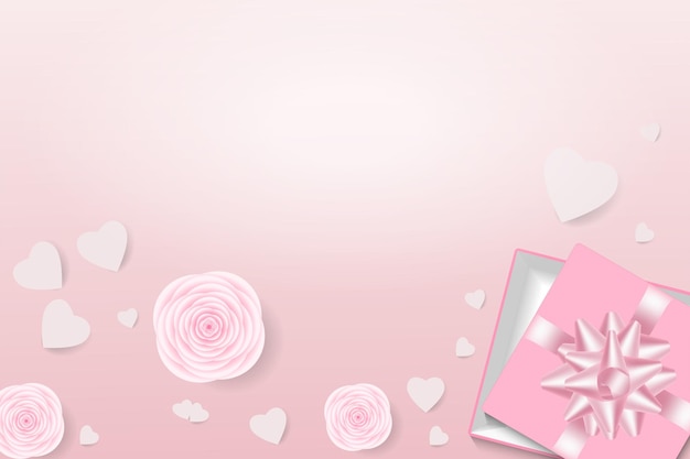 An open gift box with pink hearts and roses on a soft pink gradient background. Top view