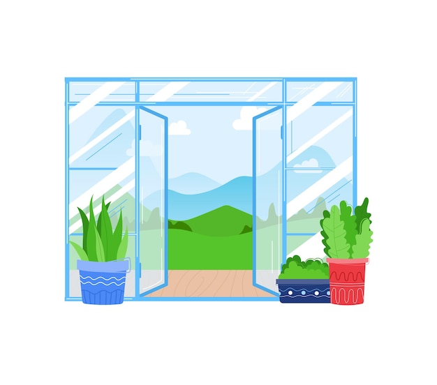 Vector open glass door to a serene landscape with hills houseplants in foreground peaceful nature view and