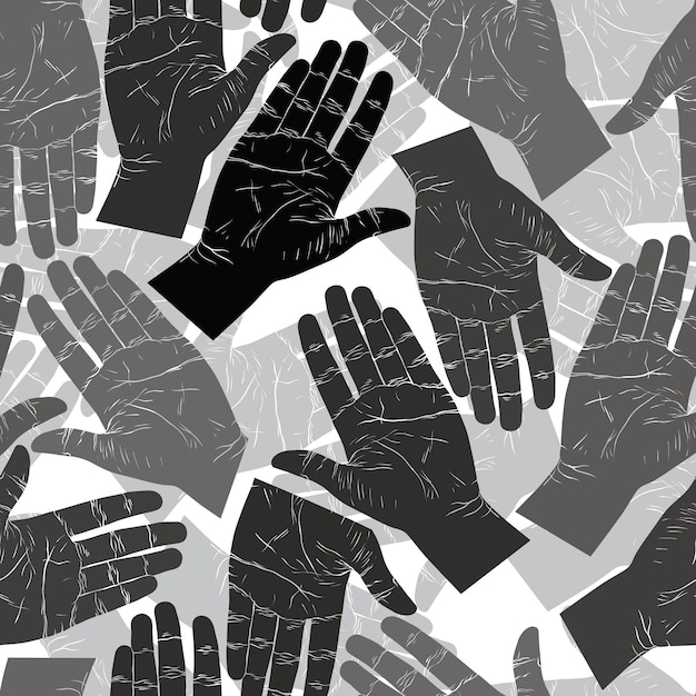 Vector open hands searching each other to shake seamless pattern, black and white vector background for wallpapers, textile or other designs.