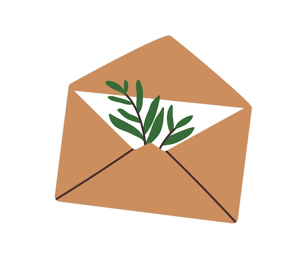 Open kraft envelope with paper letter greeting card and leaf plant Mail post with postcard and natural decoration branch twig leaves Flat vector illustration isolated on white background