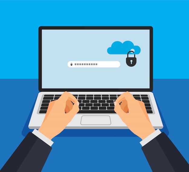 Open laptop with locked cloud storage on a screen. File protection. Hand enters password. Data security and privacy concept on computer display. Safe confidential information. Vector illustration.