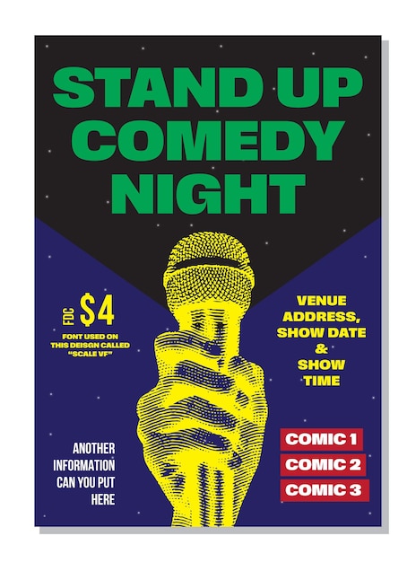 Open mic night or stand up comedy show poster flyer or banner design vector template with microphone