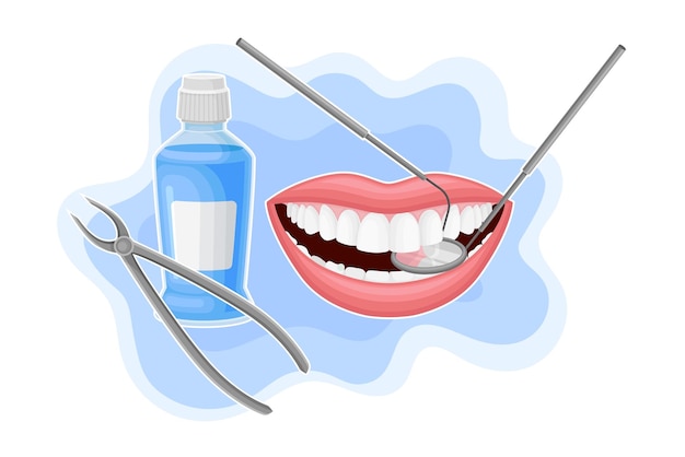 Open Mouth with Dental Tools and Bottle of Oral Rinse or Mouthwash for Oral Hygiene Vector Composition