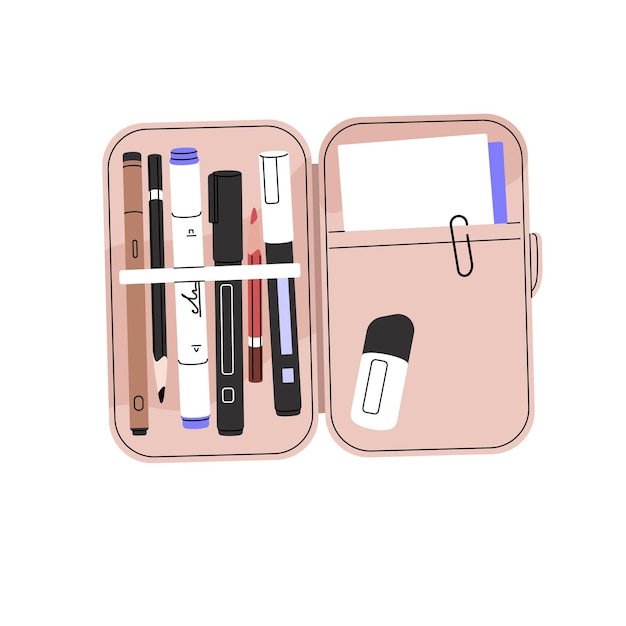 Open pencil box with different school supplies Case of pens crayons markers eraser Drawing writing tools Kit of stationery in organizer Flat isolated vector illustration on white background