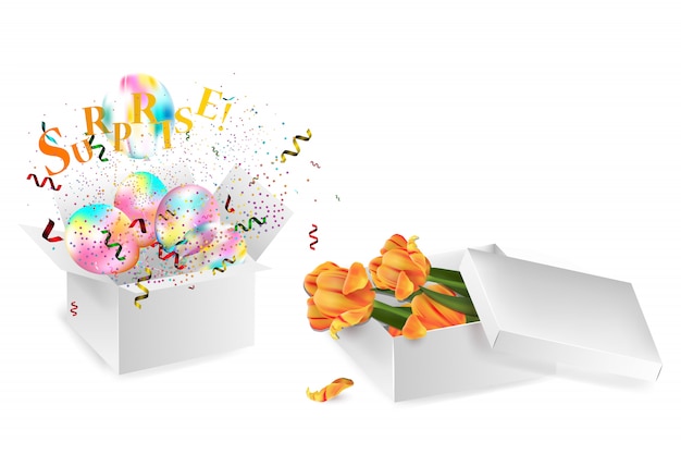 Open  realistic gift box with red bow, balloons and multicolored confetti,  on white background with shadow.  illustration.