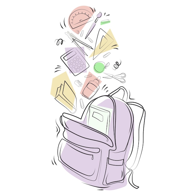 Open school backpack full of stationery and school supplies flying out of it,line art