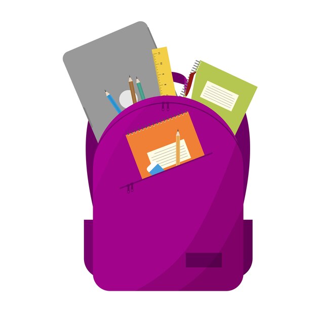 open school backpack with school supplies with laptop for student isolated on white background