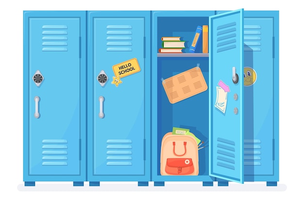 Open school lockers Opened door locker inside highschool hallway student closets for safety storage college contents books backpack university cabinets neat vector illustration